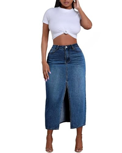 Jean Skirt for Women Denim Skirt High Waist Stretch Midi Denim Skirts with Pockets (Dark Indigo,Small) | Amazon (US)