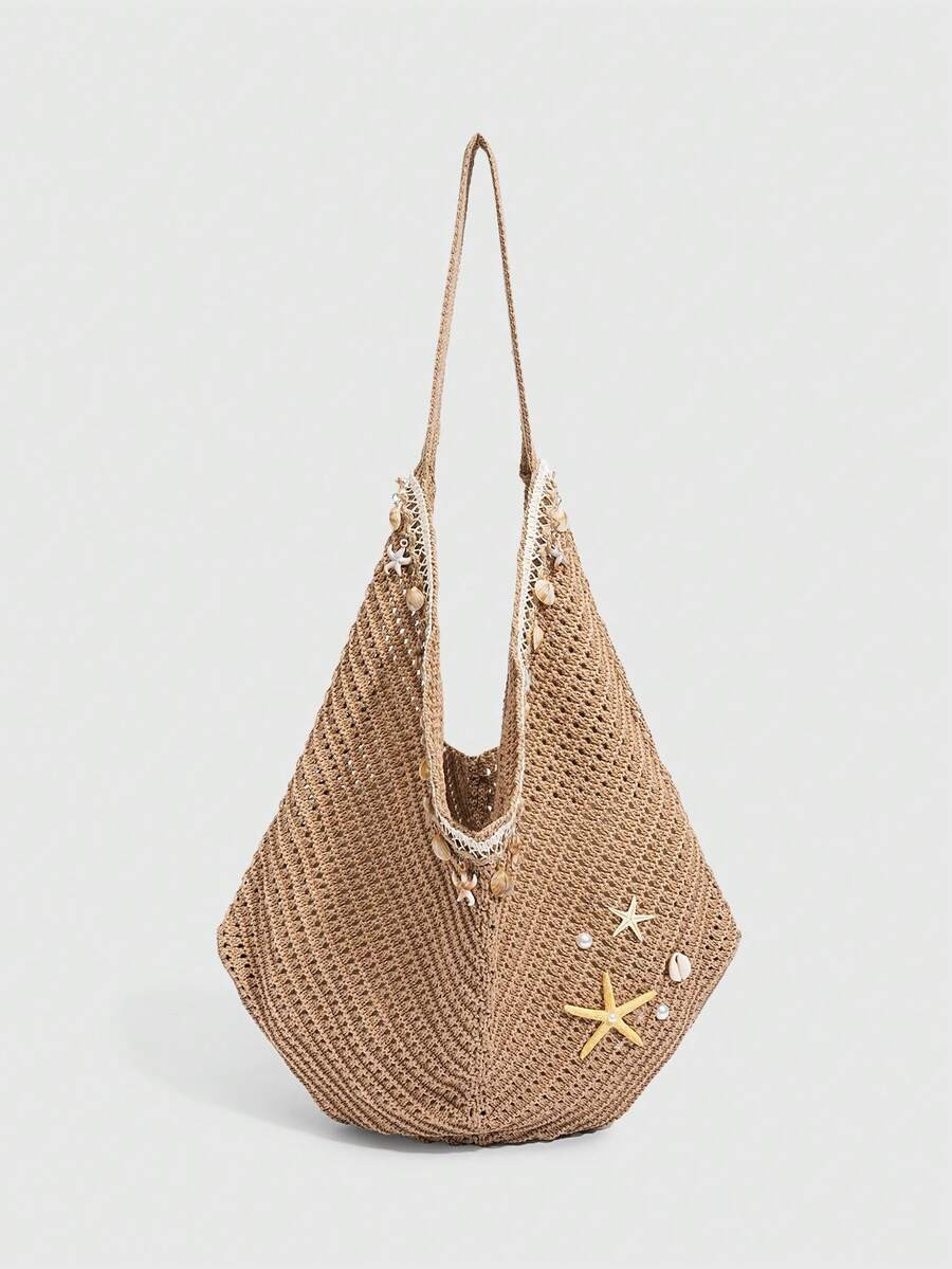 ROMWE Fairycore 1pc Tropical Ocean Beach Resort Style Woven Hollow Khaki Women Shoulder Tote Bag,... | SHEIN