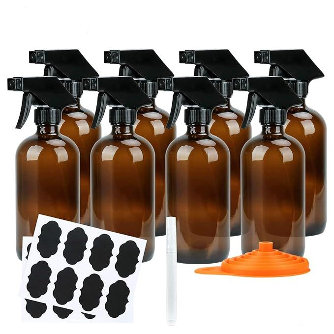 RUCKAE Empty Amber Glass Spray Bottle(8 Pack),with Labels,Pen and Funnel,16 oz Refillable Contain... | Amazon (US)