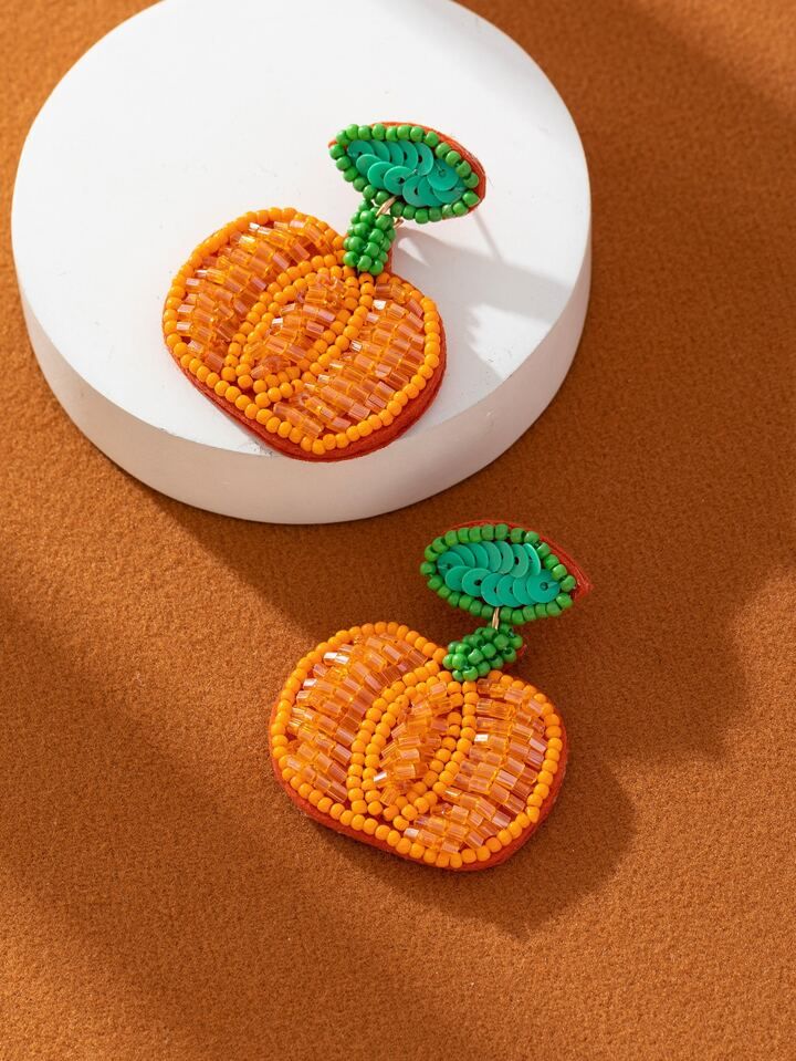 1pair Halloween Pumpkin & Rice Bead 3d Symmetrical Earrings | SHEIN