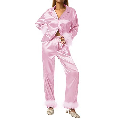 Faretumiya Women Stain Silk Long Sleeve Pajamas Set Feather Trim Lounge Sets Two Piece Button Down Sleepwear(D Pink Pjs,Medium) | Amazon (US)