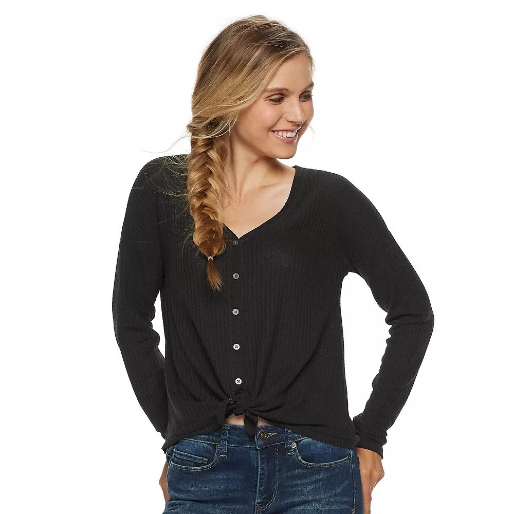 Juniors' Mudd® Waffle-Knit Button Front Long Sleeve Top | Kohl's