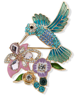 Gold-Tone Crystal Hummingbird & Flower Pin | Macy's