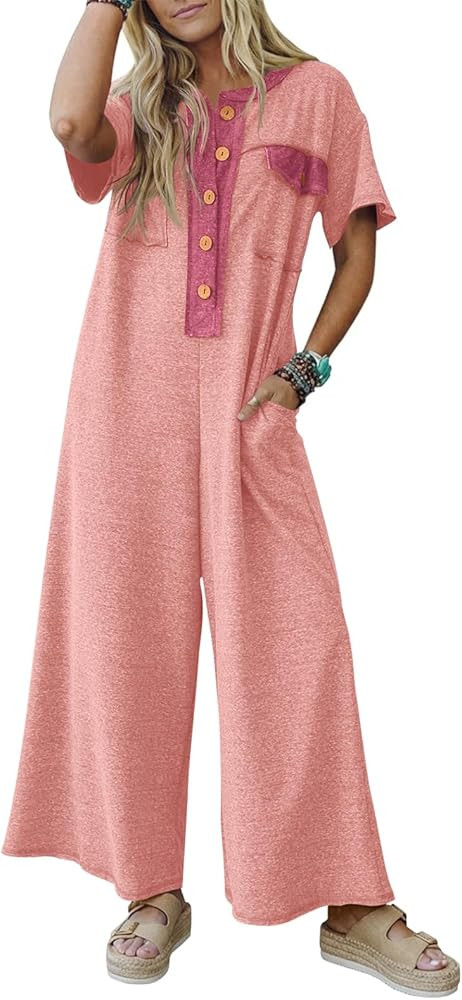 Fisoew Womens Casual Loose Jumpsuits Short Sleeve V-Neck Button Down One Piece Outfits Wide Leg S... | Amazon (US)