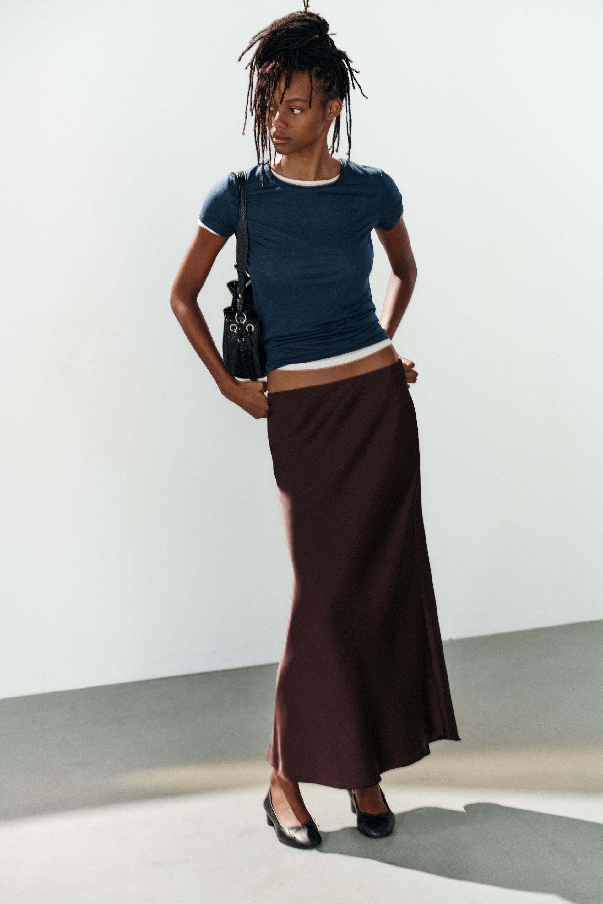 Zara - Satin Effect Midi Skirt - Women - Brown Ecru - Women | Zara US