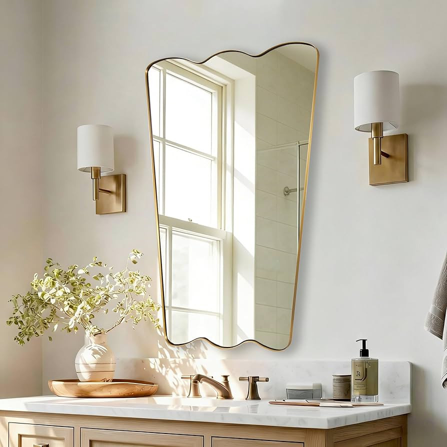 ANDY STAR Brushed Gold Scalloped Mirror, 24x40 Brass Irregular Bathroom Mirror -Butterfly Shape A... | Amazon (US)