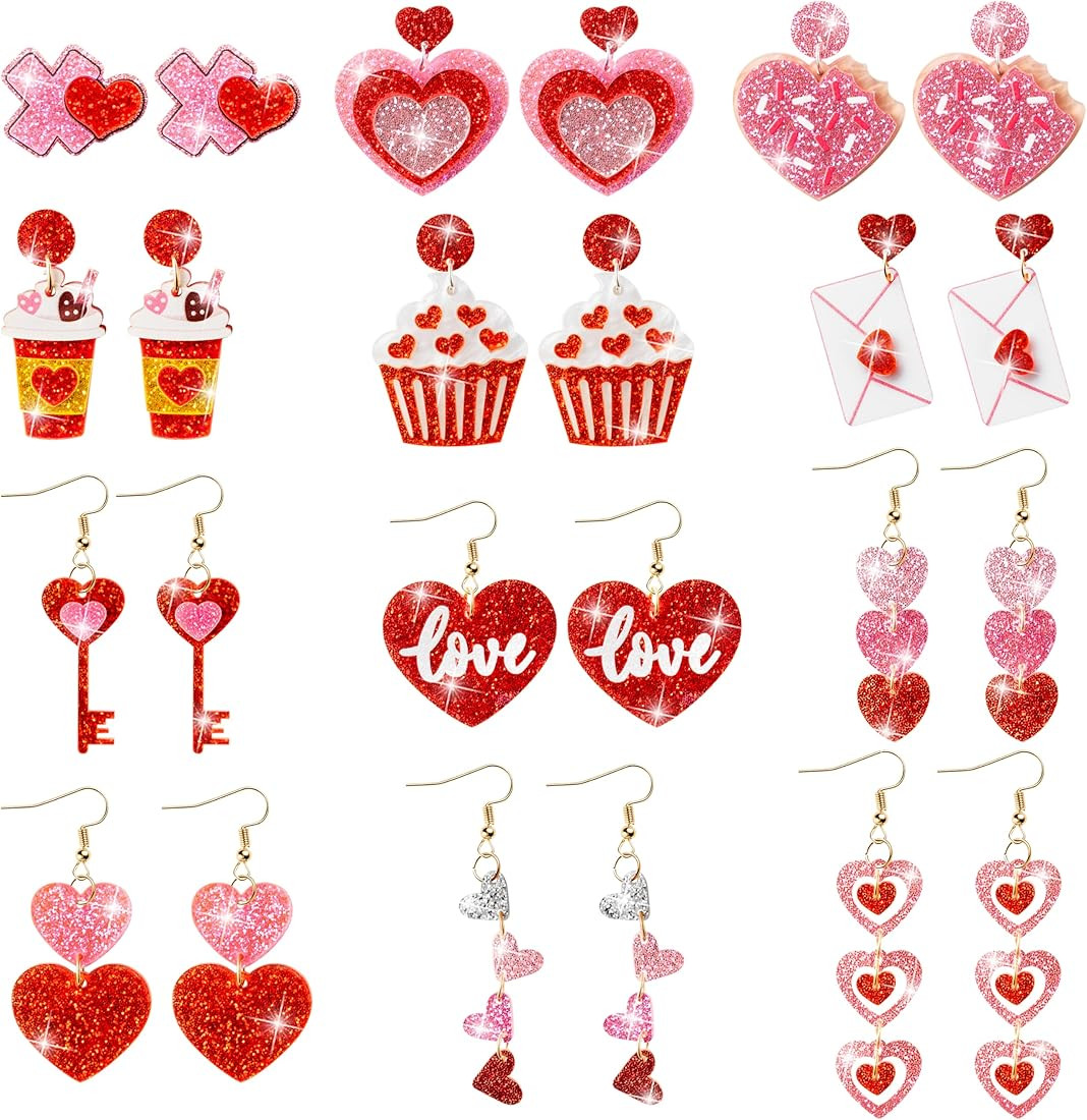 Amazon.com: Y1tvei Valentine's Day Glitter Earrings - 12Pairs Valentine's Day Pink Red Heart Earr... | Amazon (US)