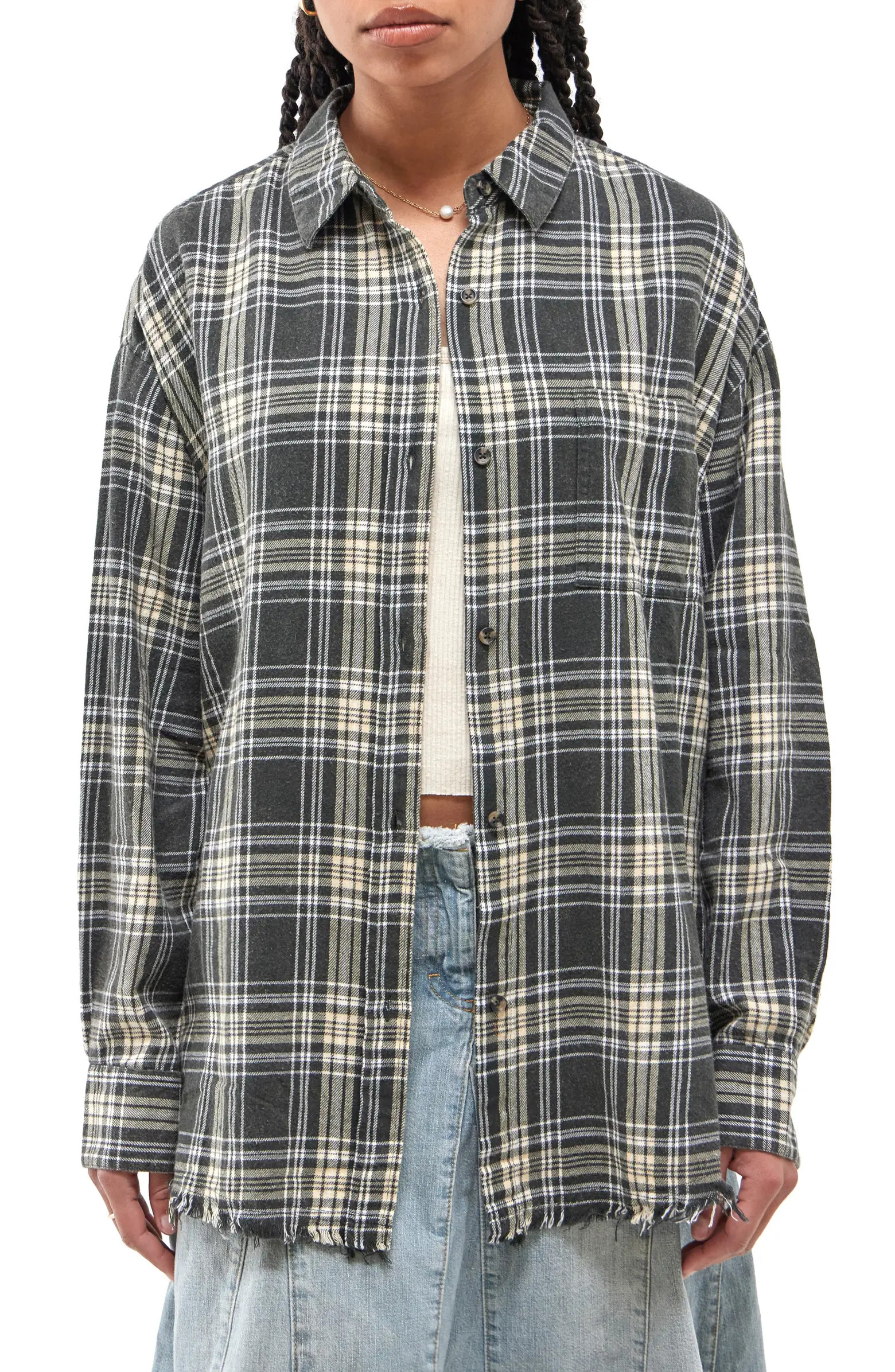 Sadie Plaid Frayed Hem Flannel Button-Up Shirt | Nordstrom