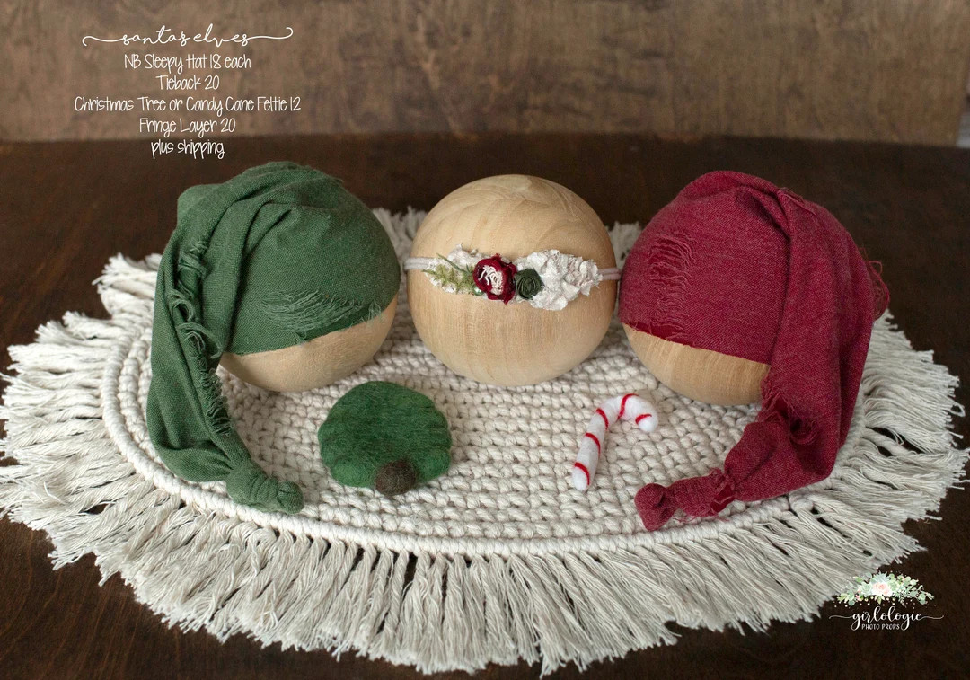 Red Green Distressed Sleepy Hat * Vintage Christmas Bab * Newborn Photo Prop * Floral Tieback *ca... | Etsy (US)