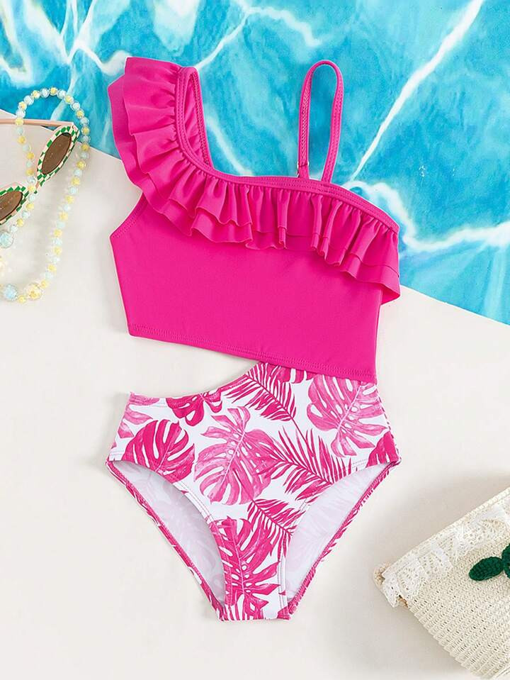 Toddler Girls Tropical Print Ruffle Trim Cut Out One Piece Swimsuit | SHEIN