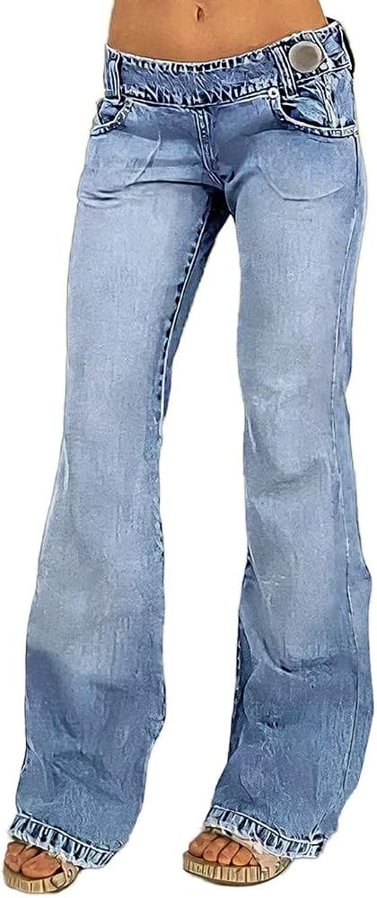 Flamingals Low Rise Flare Jeans for Women Trendy Y2K Button Side Bell Bottom Bootcut Jeans | Amazon (US)