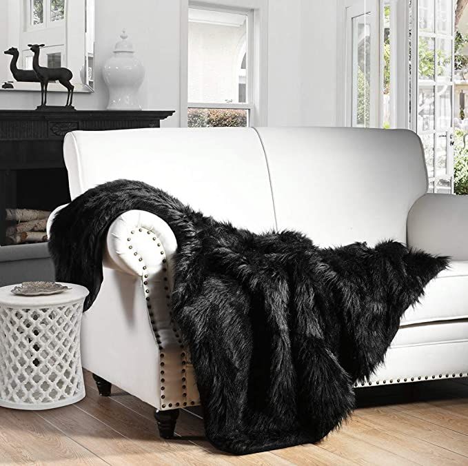 Luxury Plush Faux Fur Throw Blanket, Long Pile Black Throw Blanket, Super Warm, Fuzzy, Elegant, F... | Amazon (US)