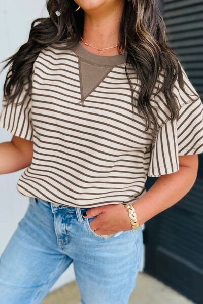 Contrast Striped Ruffle Short Sleeve Top Brown / L | Casual Chic Boutique