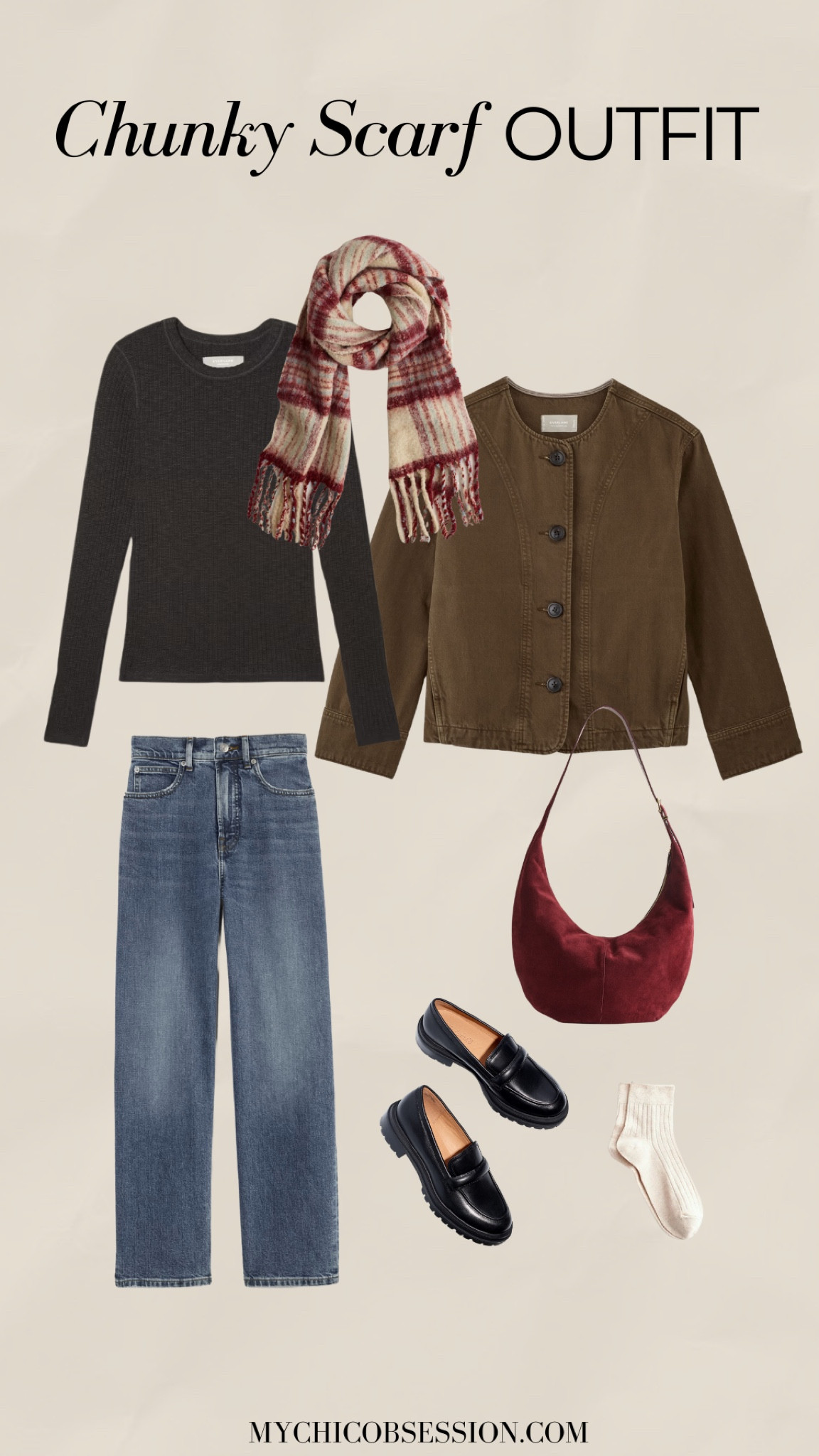 Chunky scarves are such a winter fashion must have. Create a chic chunky scarf outfit by pairing a ribbed long sleeve, jeans, barrel jacket, and loafers. Add a burgundy handbag for a pop of winter color  

#LTKWorkwear #LTKHoliday #LTKStyleTip