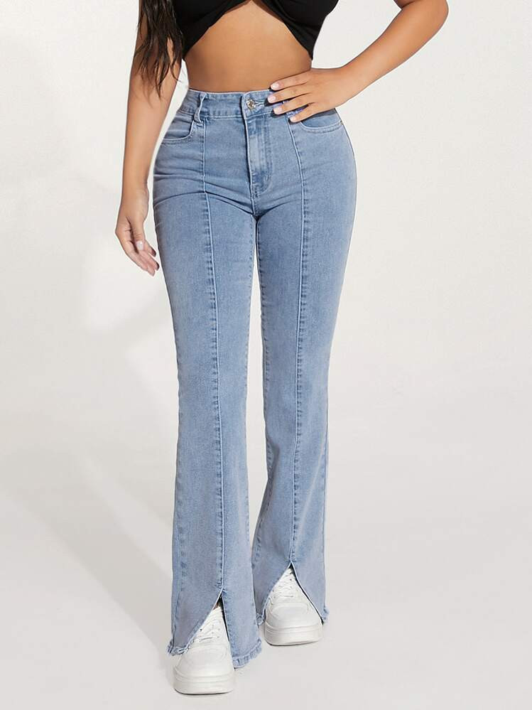 SHEIN PETITE High Waist Slit Hem Boot-Cut Leg Jeans | SHEIN