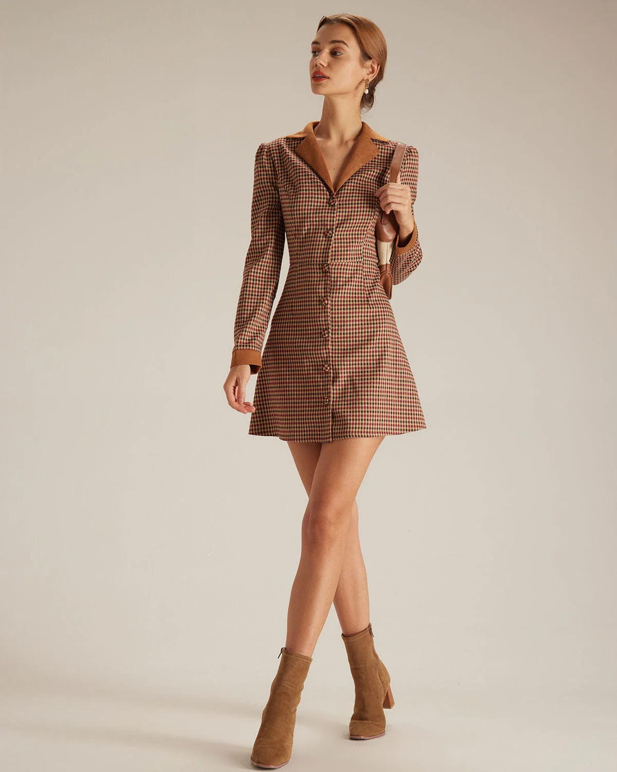 The Brown Plaid Spliced Suede Mini Dress | rihoas.com