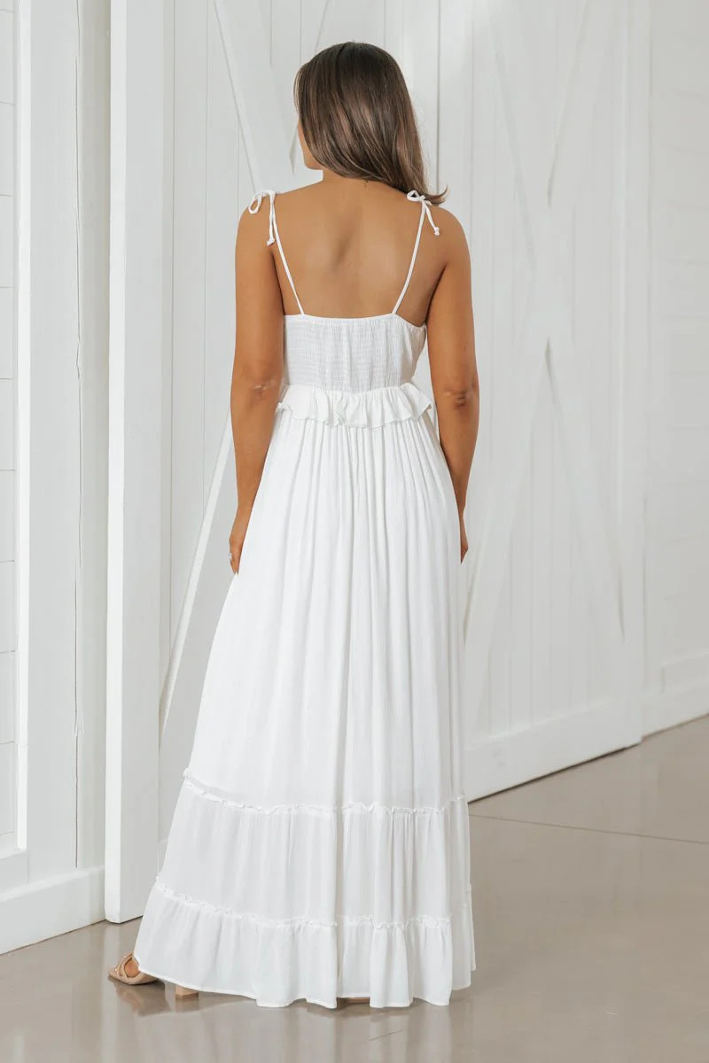 Tie Strap Ivory Ruffle Tiered Empire Maxi | Magnolia Boutique