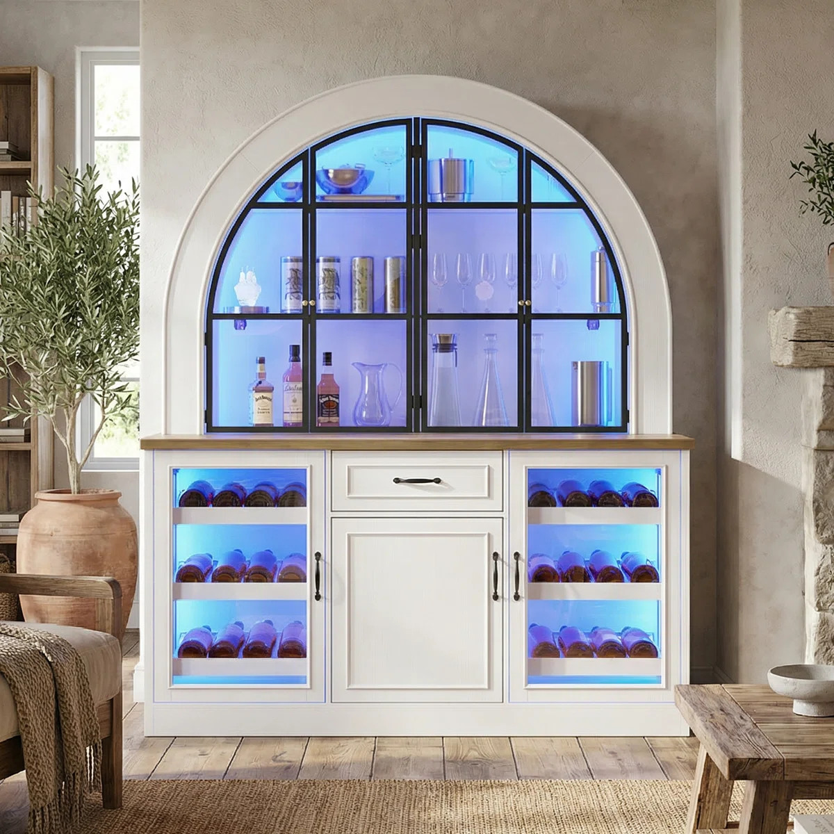 Large Glass Wine Bar Cabinet With LED Lights – 7-Door Display Server With Storage Shelves | Wayfair North America