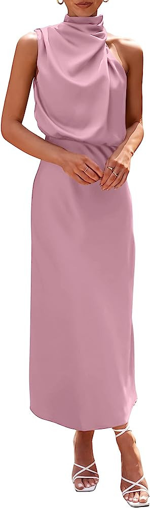 PRETTYGARDEN Women's 2023 Summer Light Pink Dress Satin Dress Pink Maxi Dress Midi Dress | Amazon (US)