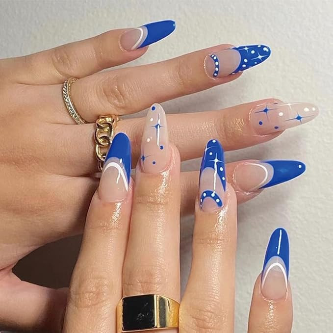 24pcs Press on Nails Medium Length,Blue White Starry Almond Fake Nails with Design,Glossy Oval Fu... | Amazon (US)