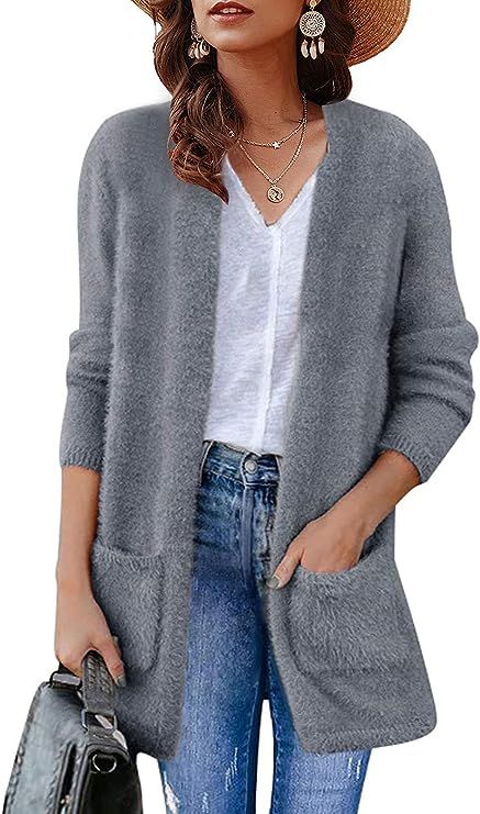 ZESICA Women's Fuzzy Cardigan Long Sleeve Open Front Casual Sweater | Amazon (US)