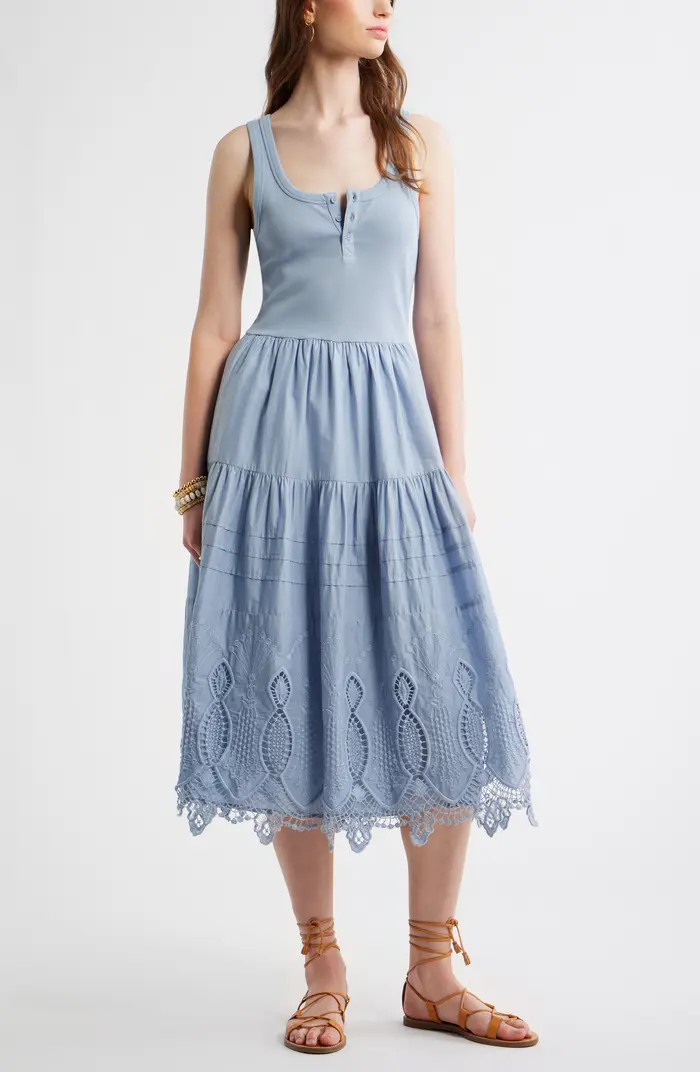 Embroidered Mixed Media Henley Tank Dress | Nordstrom