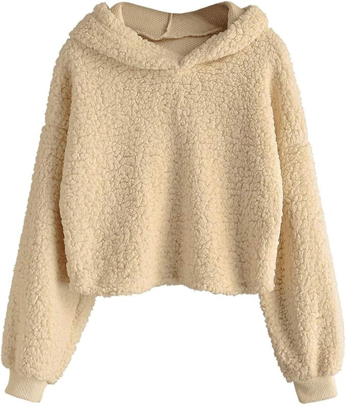 ZAFUL Women's Long Sleeve Hoodie Faux Fur Solid Color Crop Pullover Sweatshirt Tops | Amazon (US)
