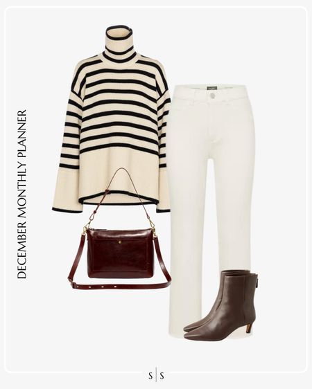 Monthly outfit planner: DECEMBER: Winter looks | striped turtleneck sweater, ecru straight leg jean, ankle boot, handbag 

See the entire calendar on thesarahstories.com ✨ 

#LTKstyletip