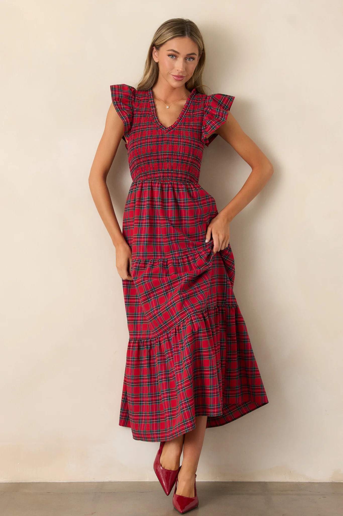 A Place To Be 100% Cotton Red Plaid Midi Dress | Red Dress