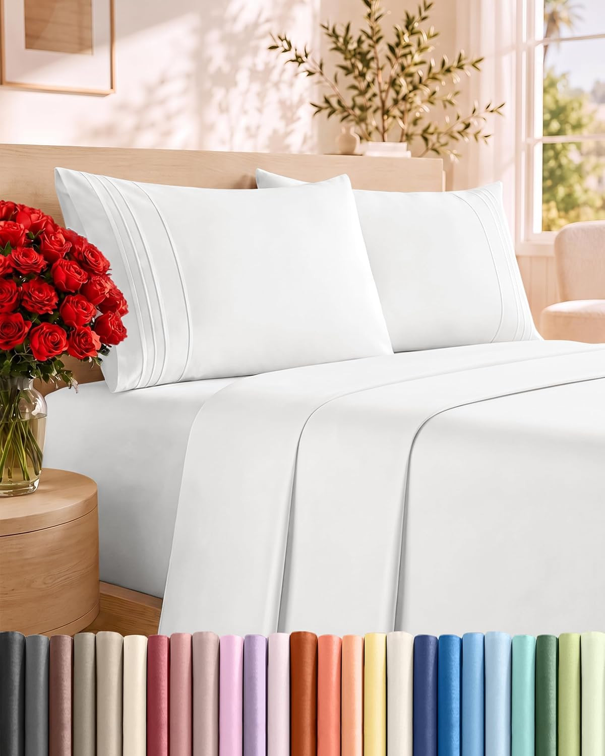 Queen Size 4 Piece Sheet Set - Comfy Breathable & Cooling Sheets - Hotel Luxury Bed Sheets for Women & Men - Deep Pockets, Easy-Fit, Extra Soft & Wrinkle Free Sheets - White Oeko-Tex Bed Sheet Set | Amazon (US)