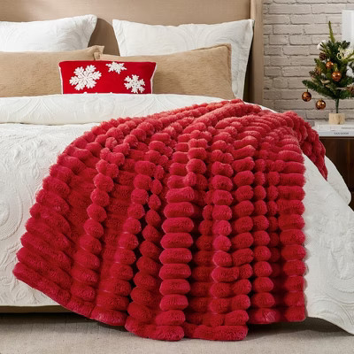 Cozy Bliss Faux Fur Plush Decorative Blanket,Cozy Warm Striped Throw,Red | Target