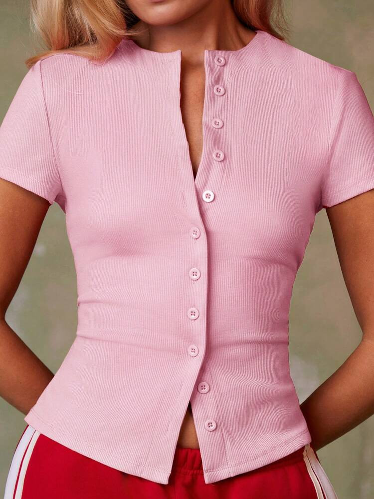 Athîral Women's Pink Casual Everyday Commute Solid Color Ribbed Knit Single-Breasted Slim Fit T-Shirt, Soft And Comfortable Stretch Knit Fabric, Fitted Style, Pink Top,Valentines For Women,Valentine ,Valentine's Day,Birthdays For Women,Going Out Top For Women,Casual Blouses For Women,Summers For Women,Spring Women | SHEIN