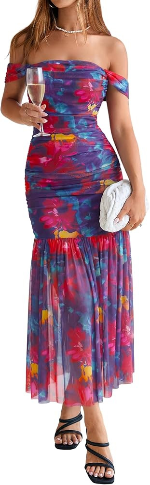 BerryGo Womens Summer Off Shoulder Maxi Dress Ruched Formal Wedding Guest Bodycon Floral Flowy Co... | Amazon (US)
