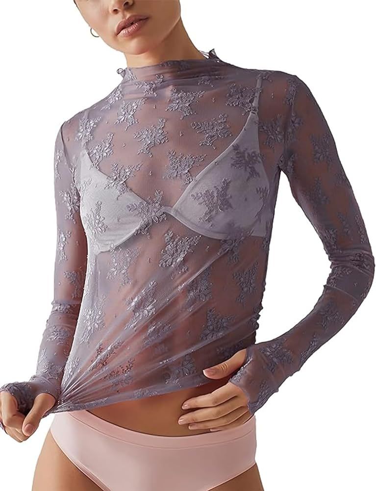 Women's Mesh Tops Sexy Long Sleeve Mock Neck Sheer Blouse Lace Floral See Through Layering Top | Amazon (US)