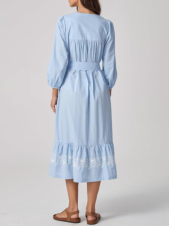 Women Embroidered Spring Midi Dress 2026 Summer V-Neck 3/4 Sleeve A-Line Flowy Dress with Belt | Amazon (US)