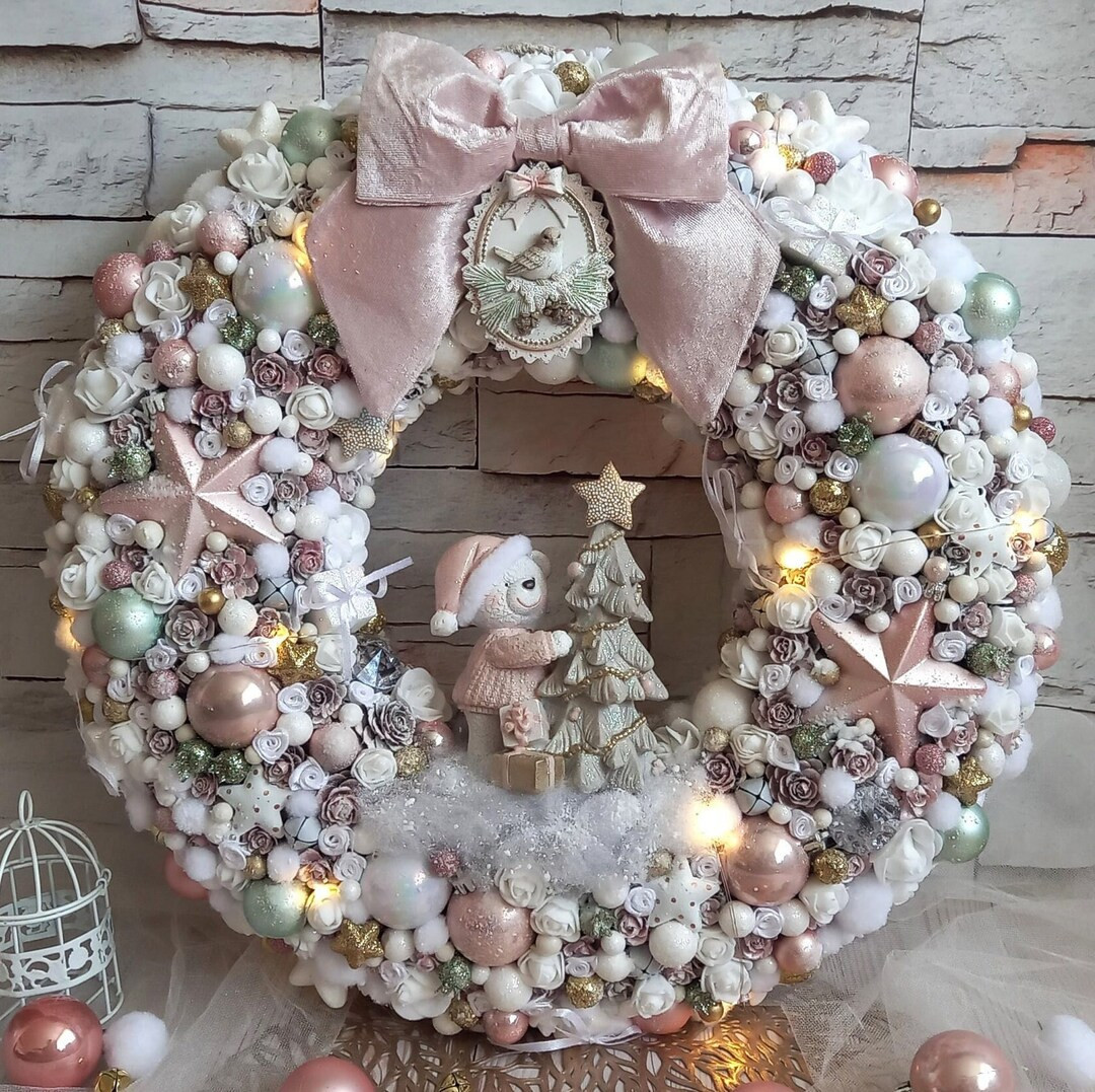 Lighted Christmas Wreath Bear Wreath With Lights for Front - Etsy | Etsy (US)