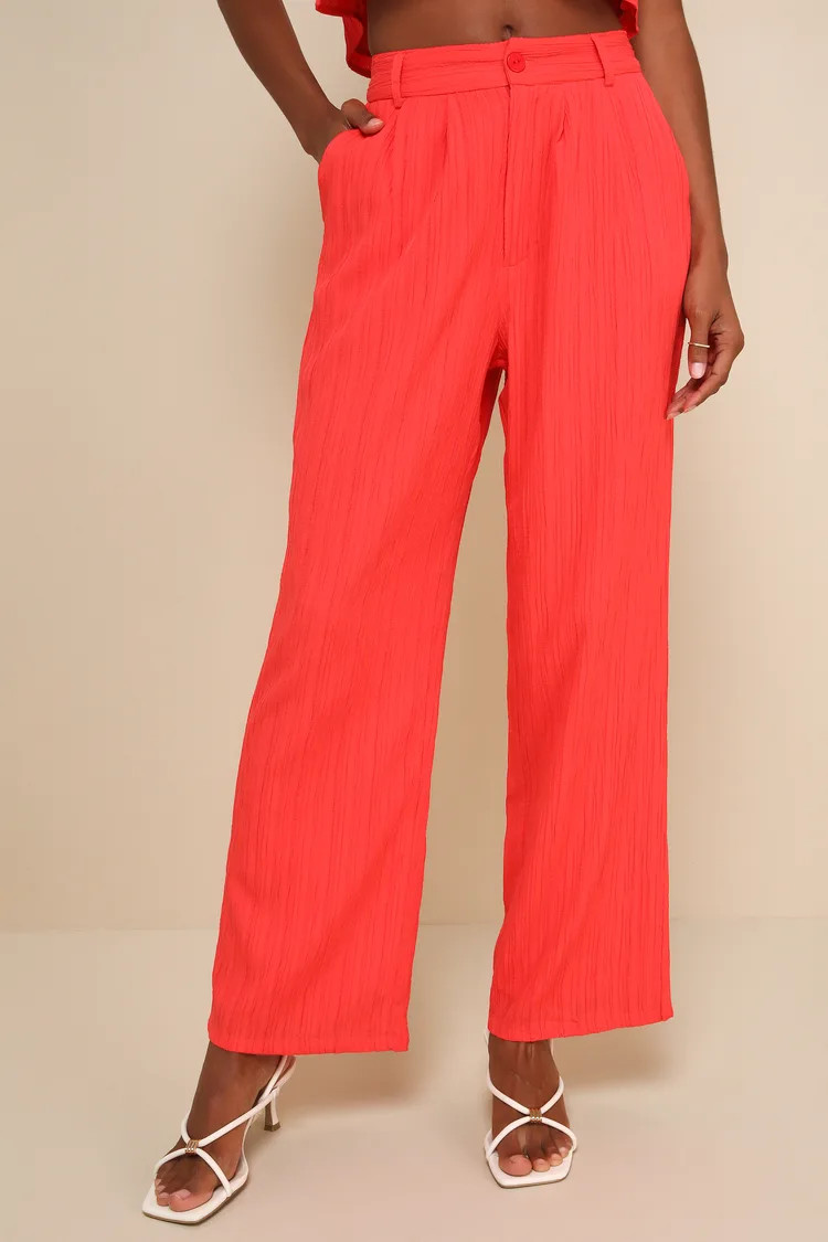 Coolest Allure Coral Red Textured High-Rise Wide-Leg Pants | Lulus