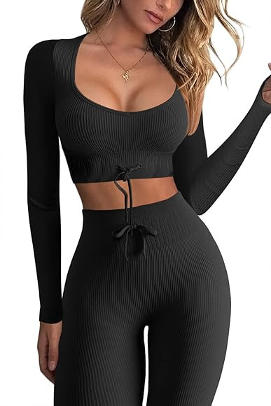 QINSEN Workout Sets for Women 2 Piece Seamless Long Sleeve Crop Tops Ribbed High Waist Leggings | Amazon (CA)