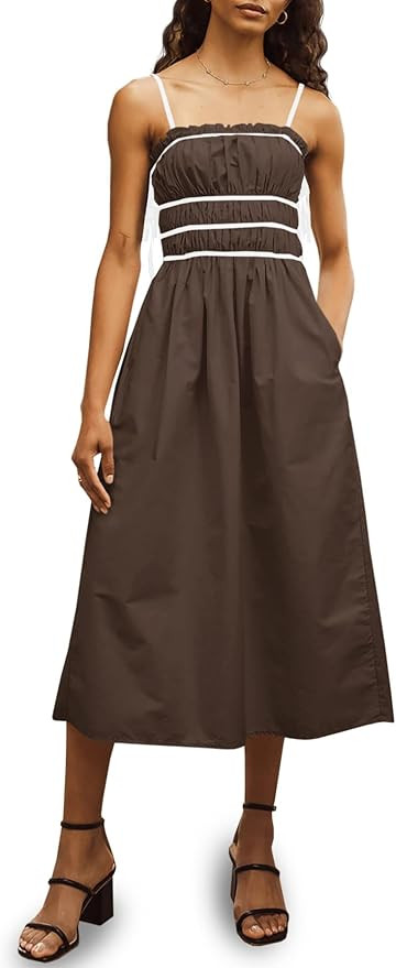 Wenrine Womens Summer Spaghetti Strap Midi Dress Sleeveless Tie Strap Contrast Color Casual Smock... | Amazon (US)