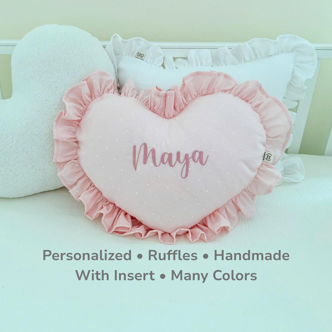 Personalized Pink Heart Pillow With Ruffles, Custom Embroidered Line Cushion for Nursery Decor, K... | Etsy (US)