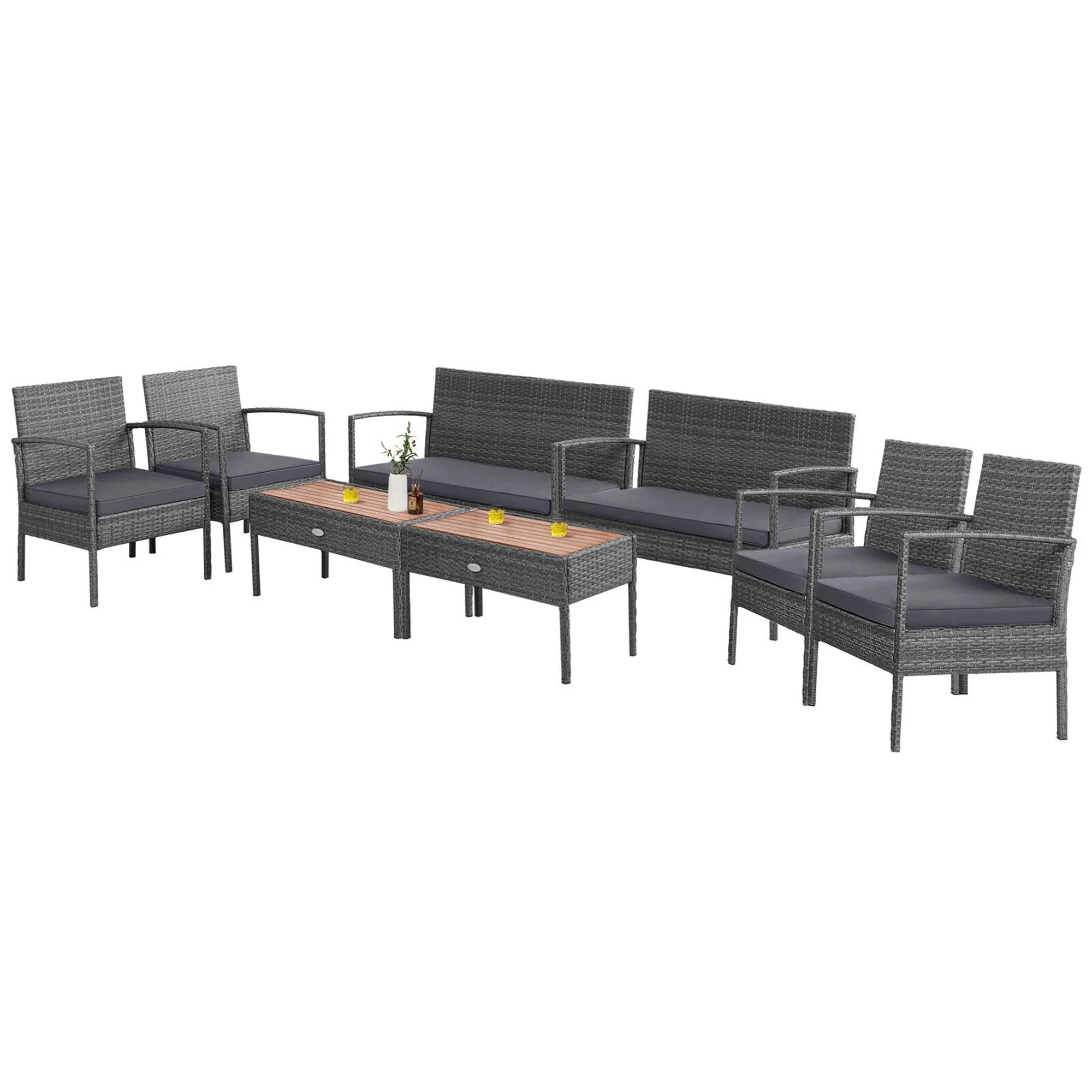 Gymax 8PCS Rattan Patio Conversation Furniture Set w/ Acacia Wood Tabletop & Cushions - Walmart.c... | Walmart (US)