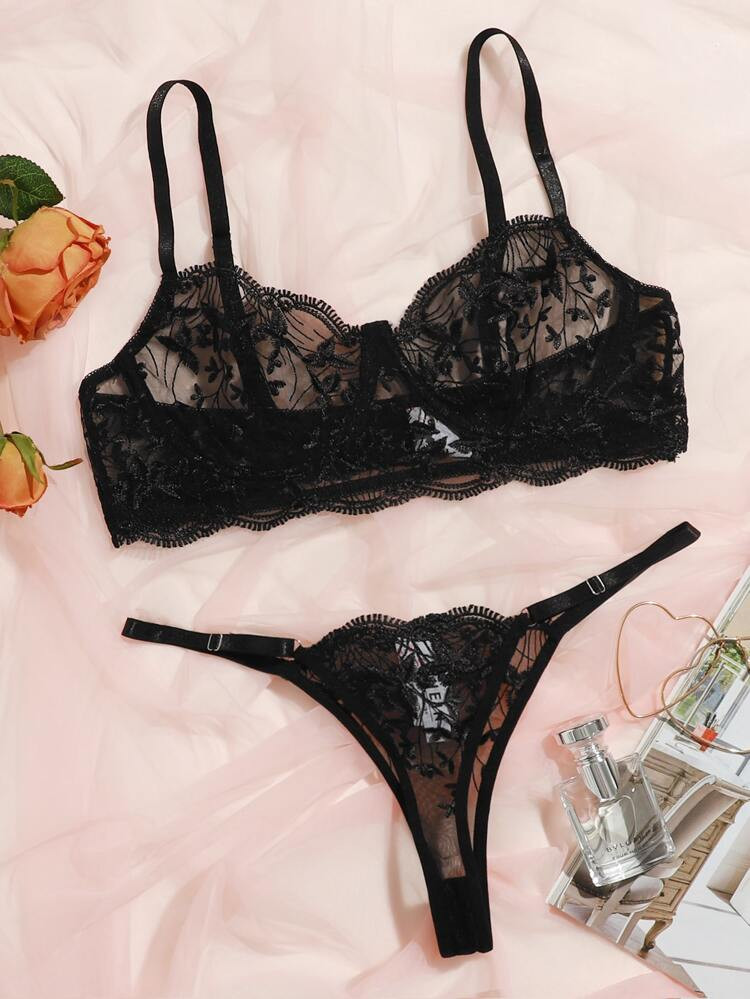 Embroidered Mesh Underwire Lingerie Set | SHEIN
