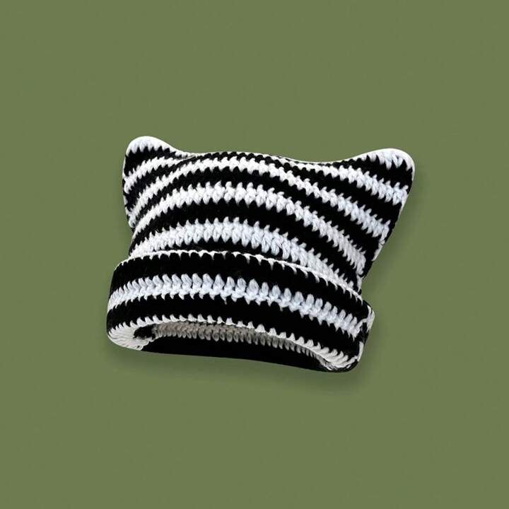 1pc Women's Black & White Striped Cat Ear Warm Headband Hat, Japanese Style Sweet & Cute, All-mat... | SHEIN