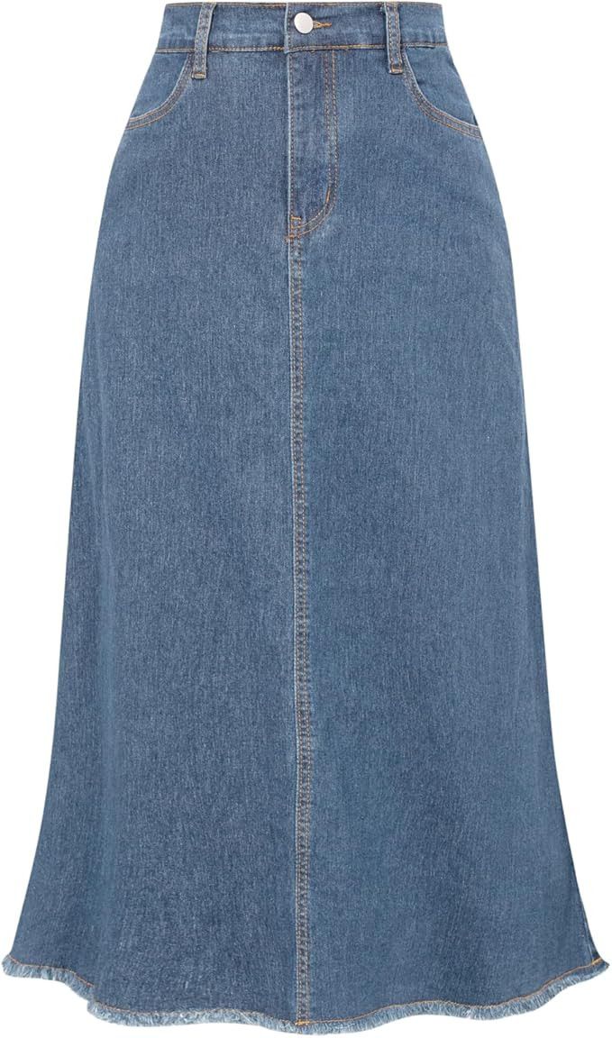 Belle Poque Vintage Denim Skirts for Women Elastic High Waist Frayed Raw Hem A-Line Maxi Long Jea... | Amazon (US)