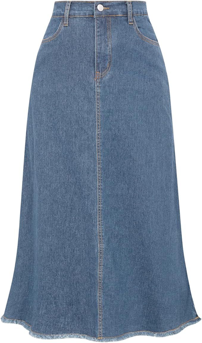 Belle Poque Vintage Denim Skirts for Women Elastic High Waist Frayed Raw Hem A-Line Maxi Long Jea... | Amazon (US)