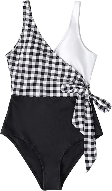 ZoeAce Girls One Piece Swimsuits Color Block Beach Bathing Suit Wrap Bow Tie Side Cute Sun Protec... | Amazon (US)