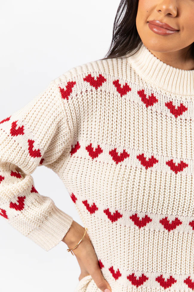 Familiar Feelings Cream and Red Heart Print Mock Neck Sweater | Pink Lily