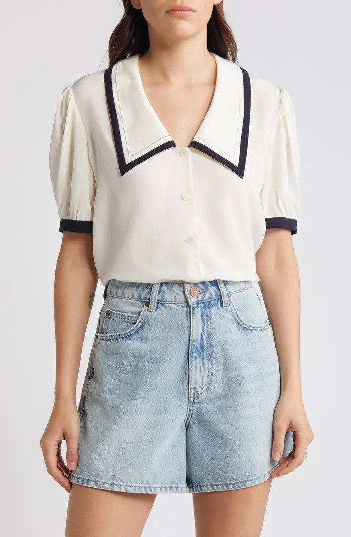 Sailor Puff Sleeve Silk Button-Up Shirt | Nordstrom