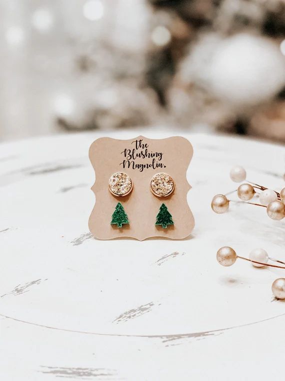 Christmas Trees  Gold Druzy Stud Earrings Set of 2 | Etsy | Etsy (US)