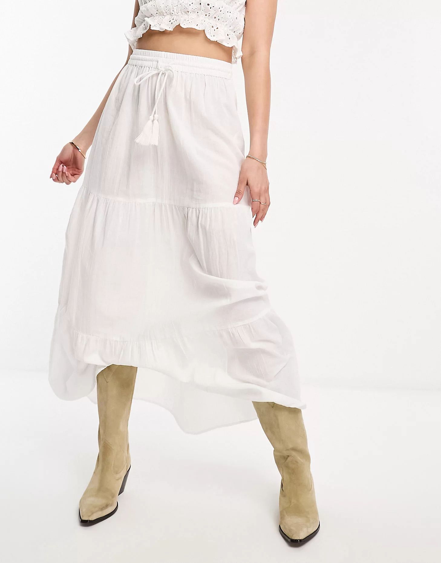 Vero Moda maxi skirt with tie waist in white | ASOS (Global)